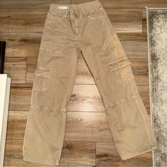 ZARA Khaki Cotton Cargo Pants Straight Leg Mid Rise Pockets Size 4 *flaw - Picture 1 of 6